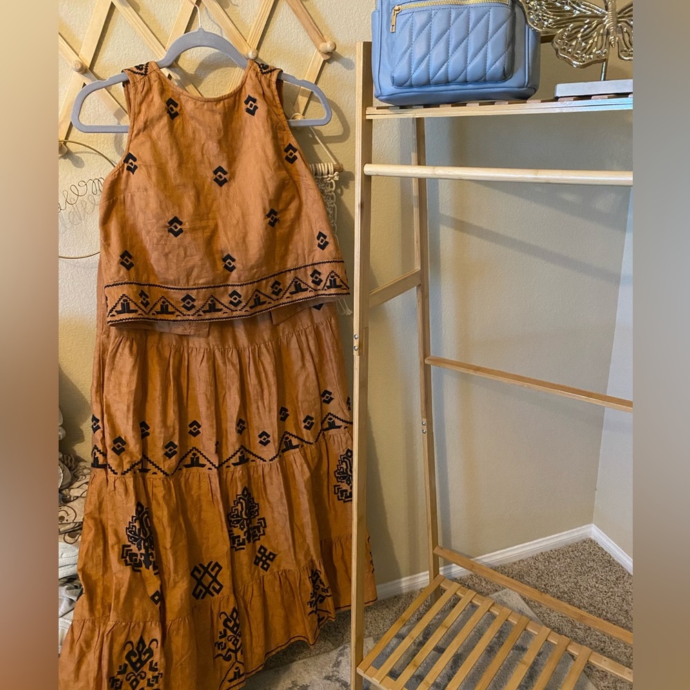Anthropologie Burnt a orange Tribal Boho blouse and skirt matching set